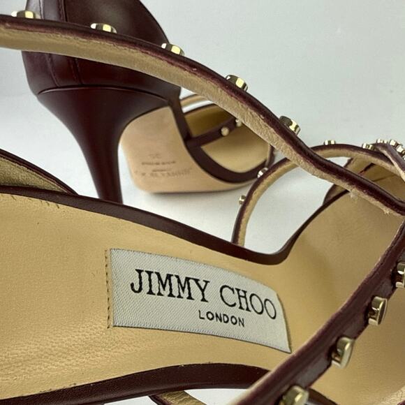 Jimmy Choo Tiff Burgundy Leather Studded Ankle Strap Stiletto Heels Sandals 5 - Picture 5 of 7